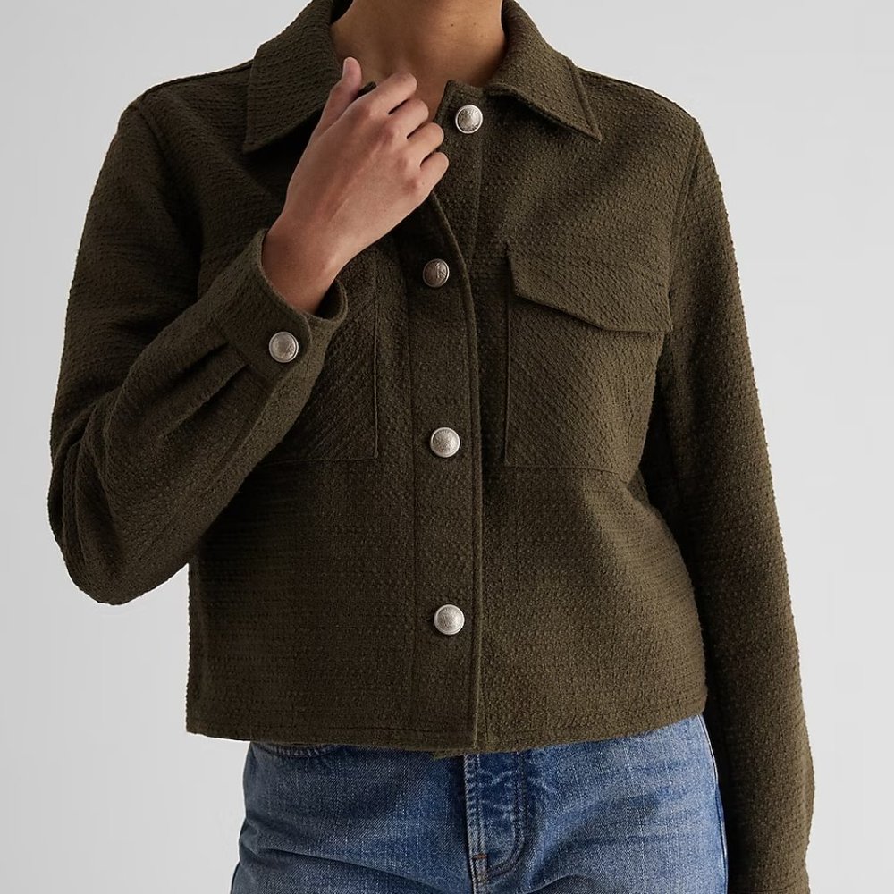 NWT Express Tweed Novelty Button Cropped Shacket